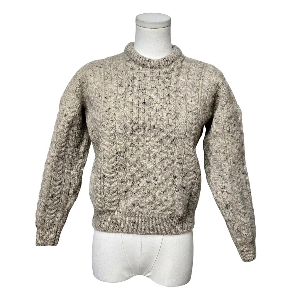 Carraig Donn Sweater Youth Small Beige Wool Cable Knit Irish‎ Aran Pullover Kids